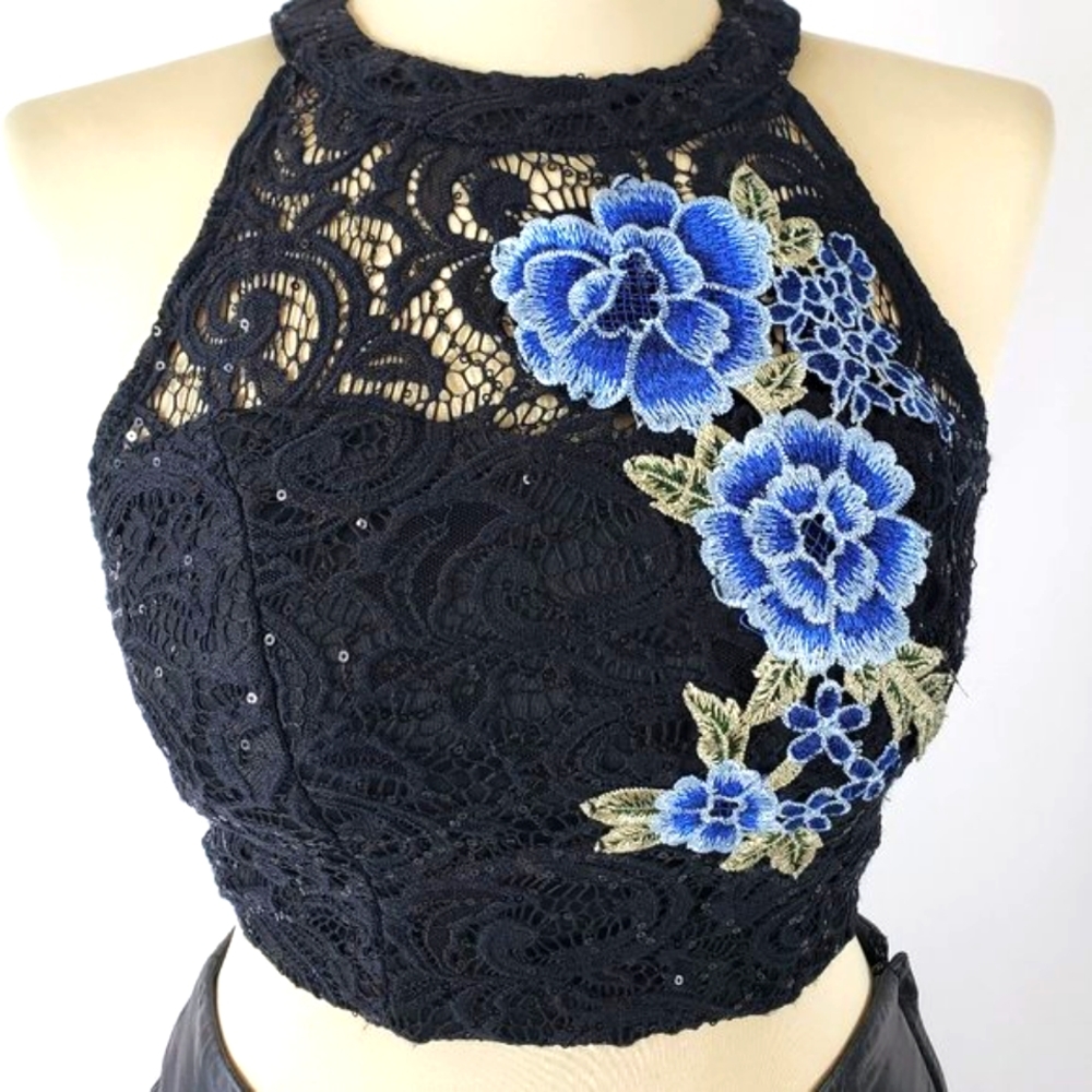 Speechless Black Floral Sequin Halter Top